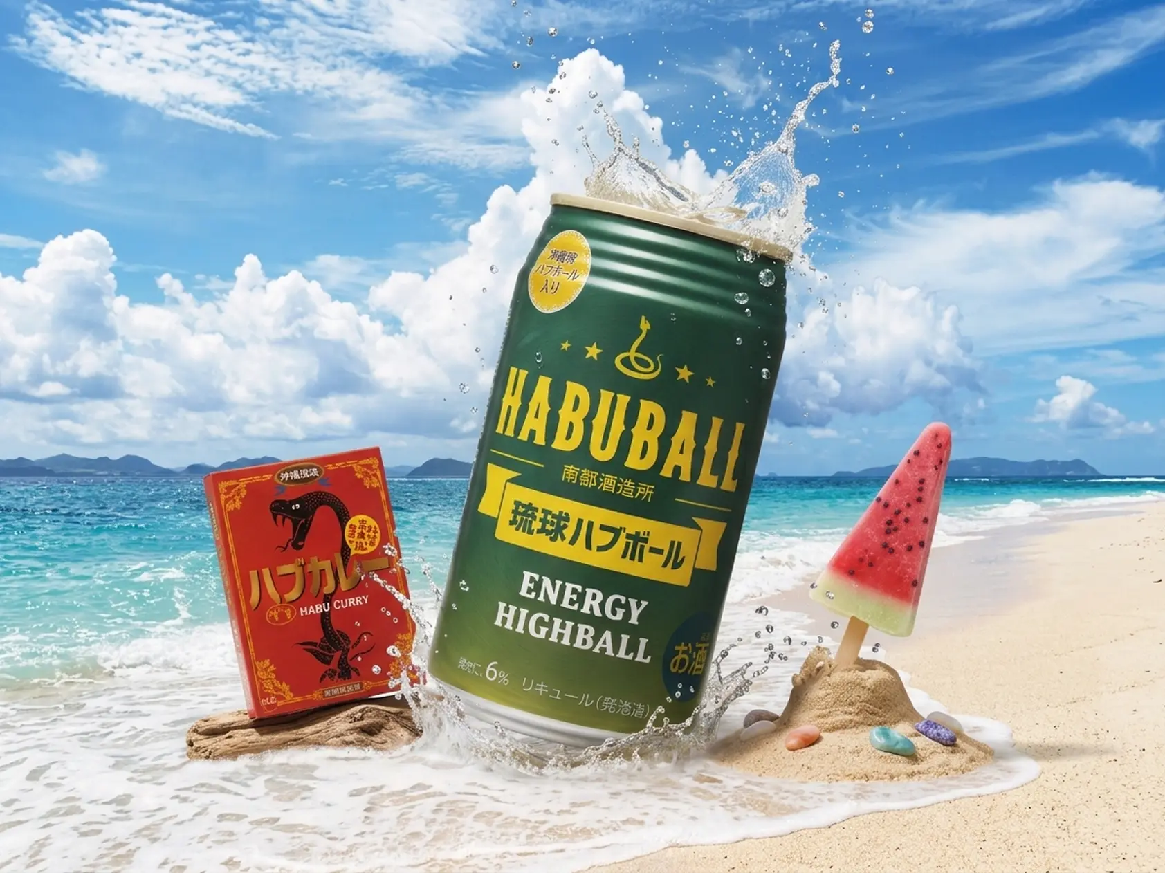 ビーチに置かれた琉球ハブボールの缶